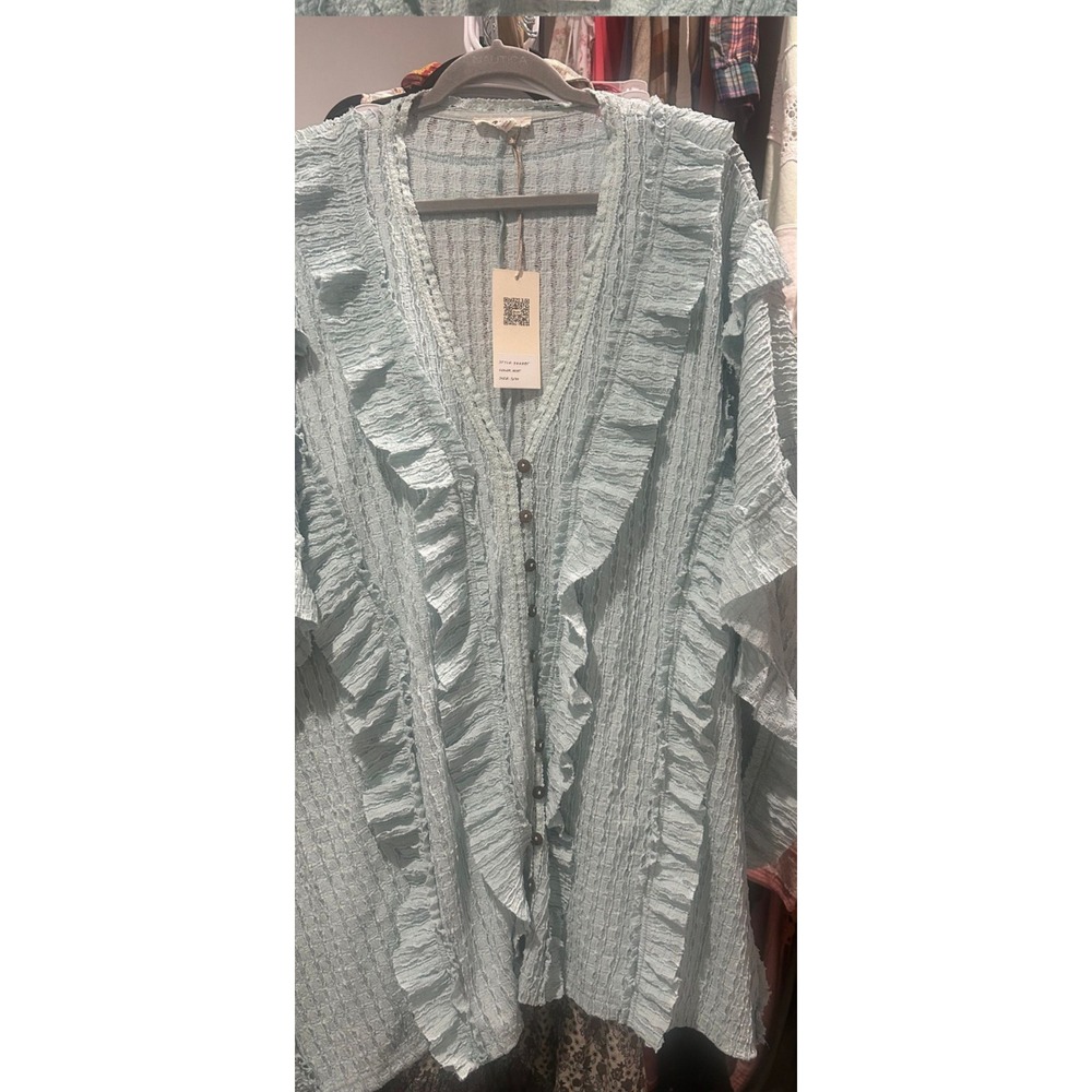 Blue Velvet Ruffle Button Front Light Blue Textured V-Neck  Tunic 9668BT S/M - Picture 3 of 6